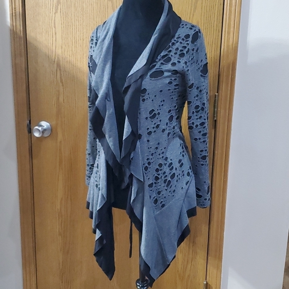 Ronen chen distressed open front waterfall cardigan jersey knit layered look